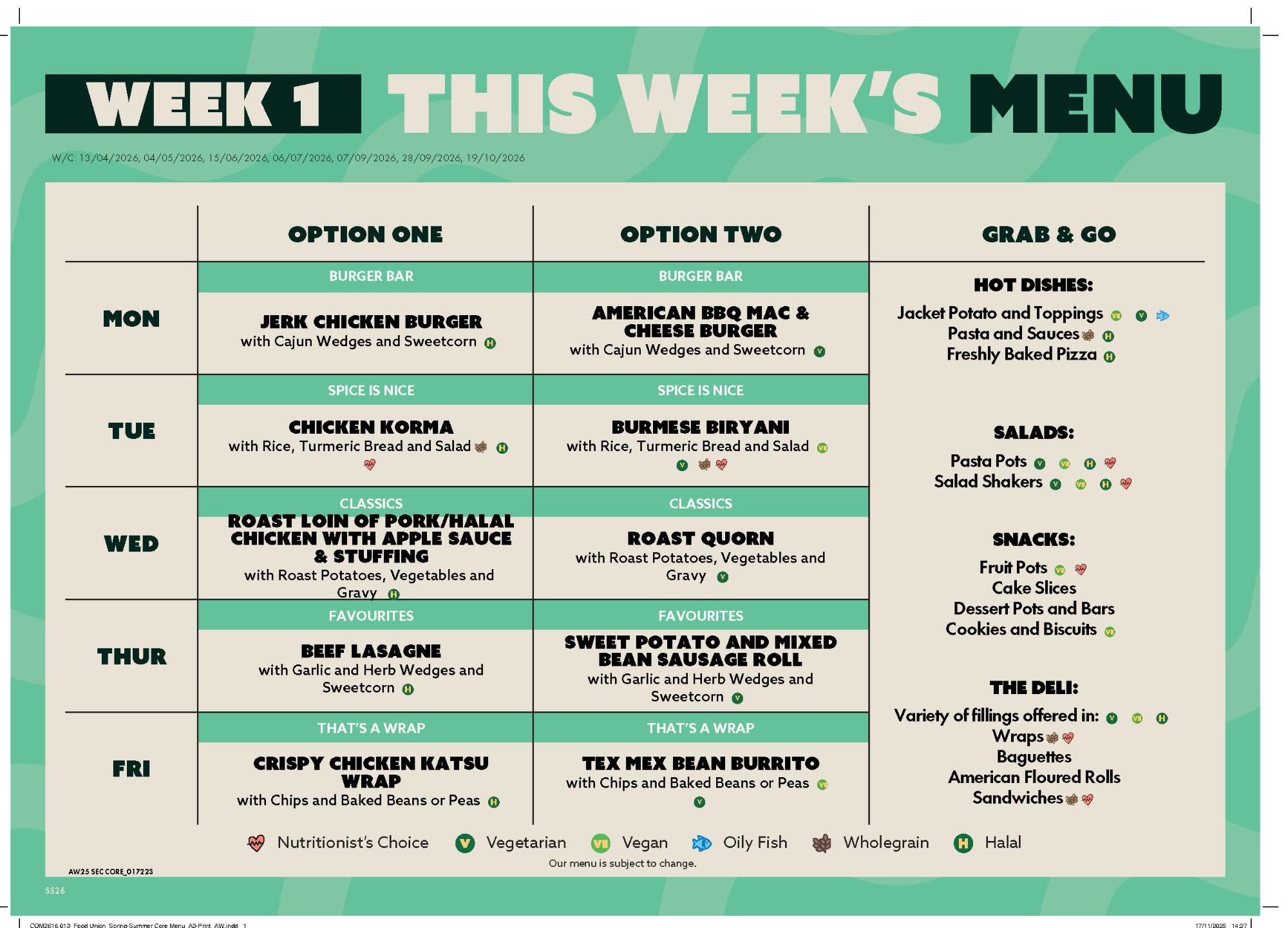 SJHS Spring Menu Week1